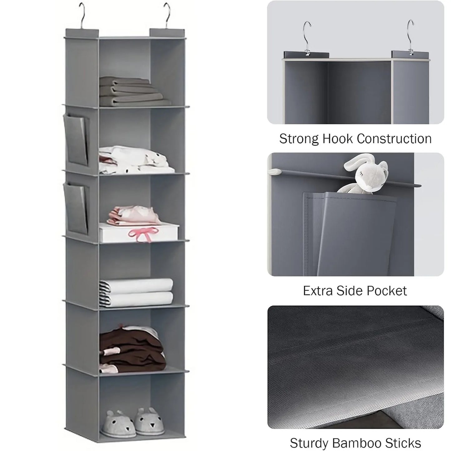 Hanging Closet Organizer and Storage, Foldable 6-Shelf Closet Hanging Storage Shelves with 2 Hooks for Shoe Cap Clothes Pants Peaceful Pleasures Health and Wellness Light Grey 6