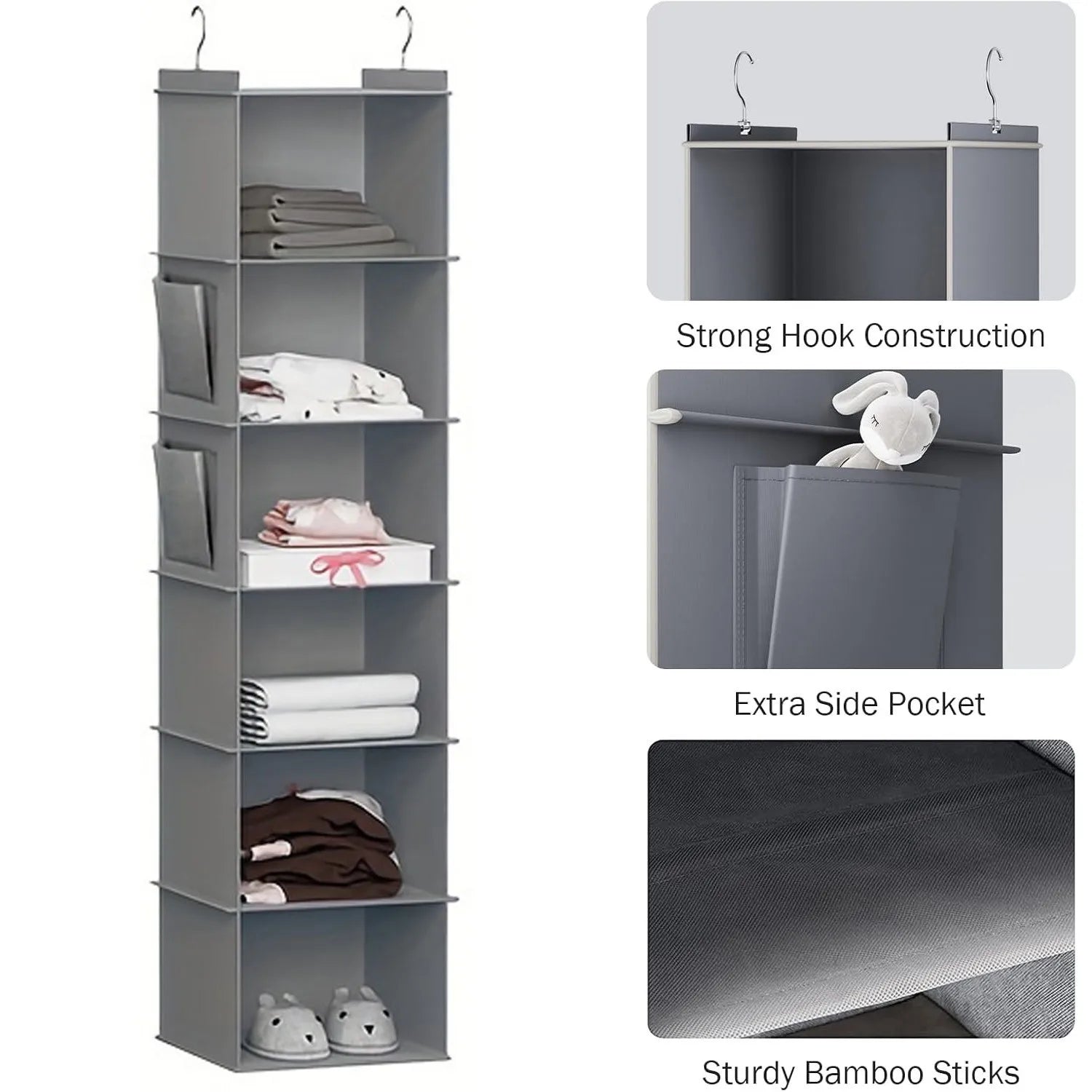 Hanging Closet Organizer and Storage, Foldable 6-Shelf Closet Hanging Storage Shelves with 2 Hooks for Shoe Cap Clothes Pants Peaceful Pleasures Health and Wellness Light Grey 6