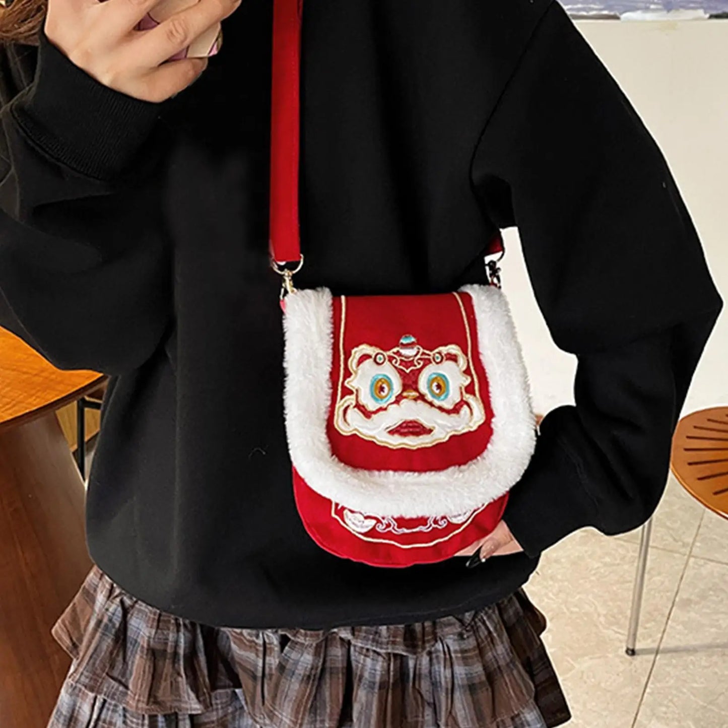 Red Embroidered Plush Tote Bag | Cute Shoulder Bag for Women