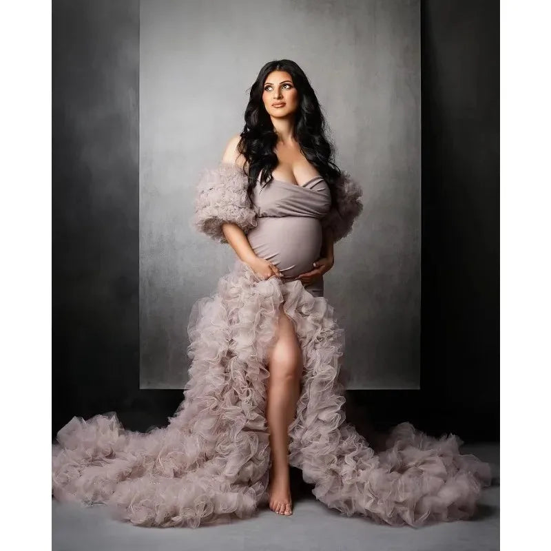 Soft Tulle Mermaid Maternity Gown - Off Shoulder Puffy Slit for Baby Shower & Pregnancy Photoshoot Dresses платье для беременных Peaceful Pleasures Health and Wellness