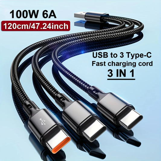 100W 3-in-1 USB-A to Triple USB-C Fast Charging Cable USB-C Charging Cable Peaceful Pleasures Health and Wellness