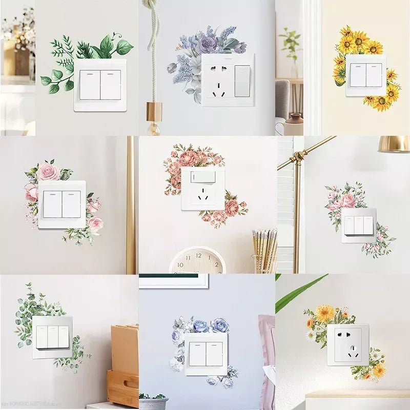 Flower Switch Stickers Green Leaves Plants Wall Sticker Tropical Switch Wallpaper Self-Adhesive Wall Decals Home Decor DIY Peaceful Pleasures Health and Wellness