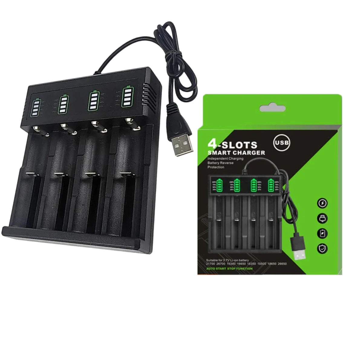 USB Smart Battery Charger 1/2/4-Slot – 18650 21700 26650