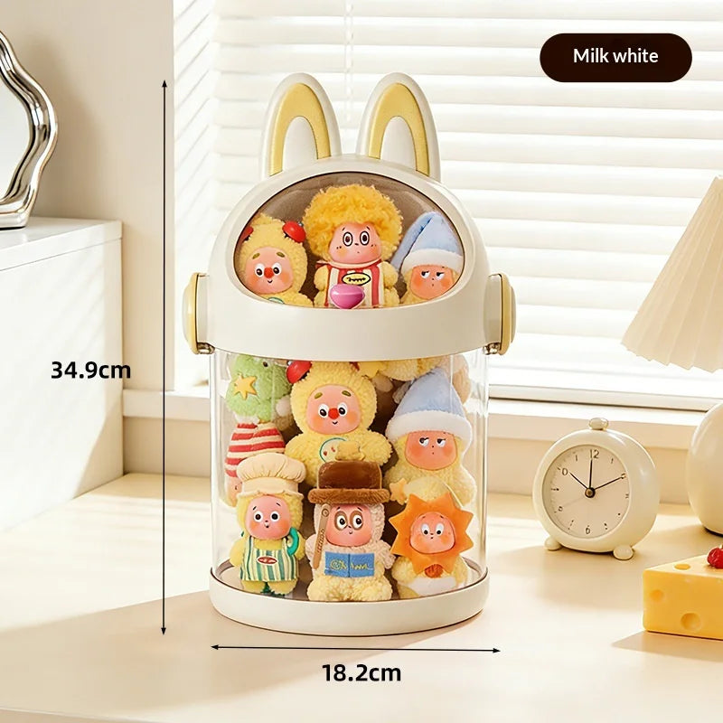 Adorable Transparent Cartoon Storage Container with Lid Dustproof Toy Organizer Bin for Kids Desk Collectible Figures Peaceful Pleasures Health and Wellness Cream A