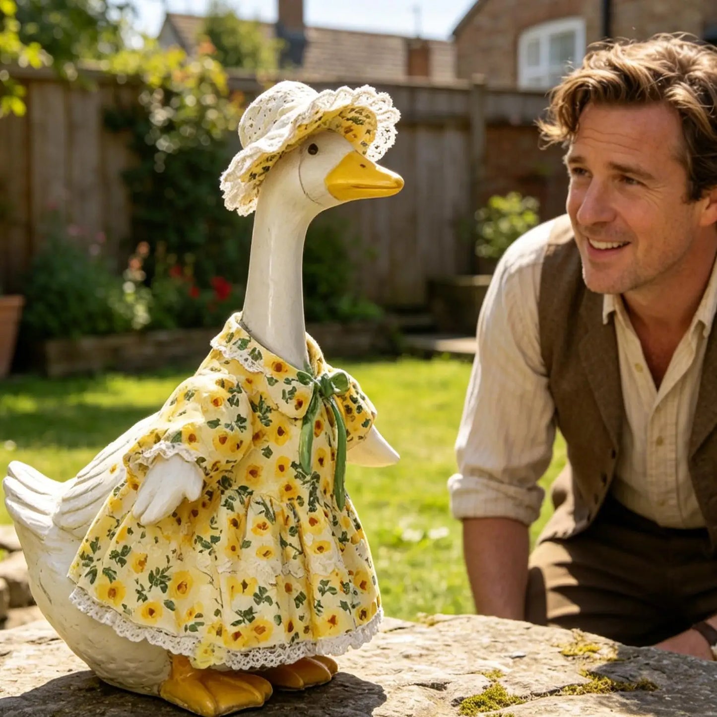 Porch Goose Costume Set – Sunflower Dress & Hat for Lawn Statues