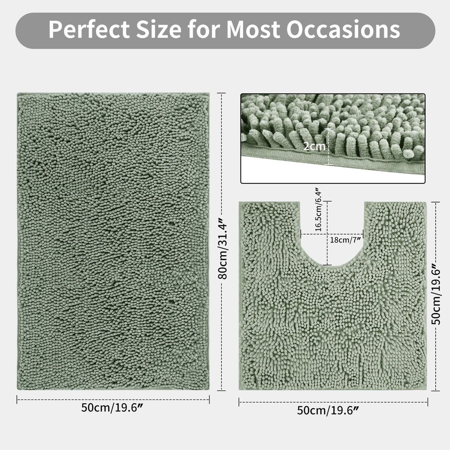 Pack of 2 Chenille Bath Mat Plush Carpet Bathroom Bathtub Floor Rug Room Living Room Entrance Super Absorbent Anti-Skid Foot Pad Peaceful Pleasures Health and Wellness Light Grey