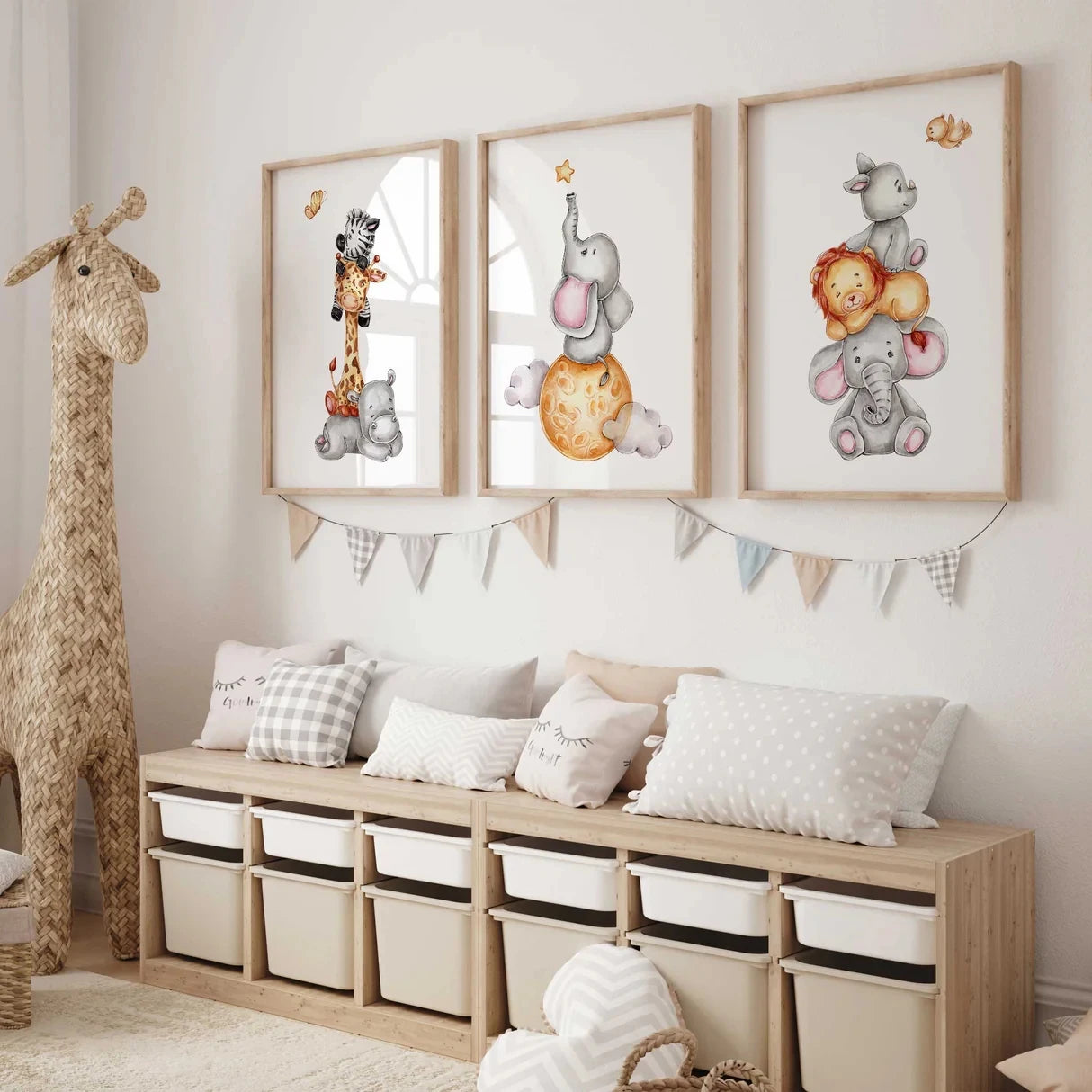 3-Piece Safari Animal Nursery Canvas Wall Art | Kids Room Decor