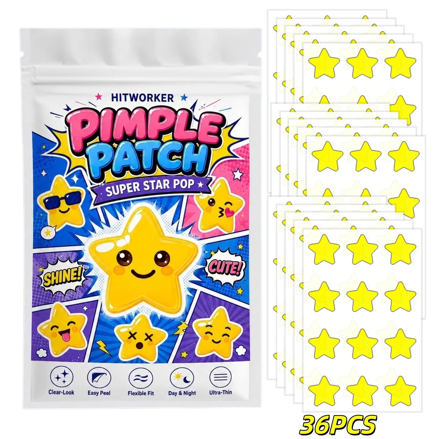 Yellow Star Hydrocolloid Spot Patches – 36/180pcs Cute Cover