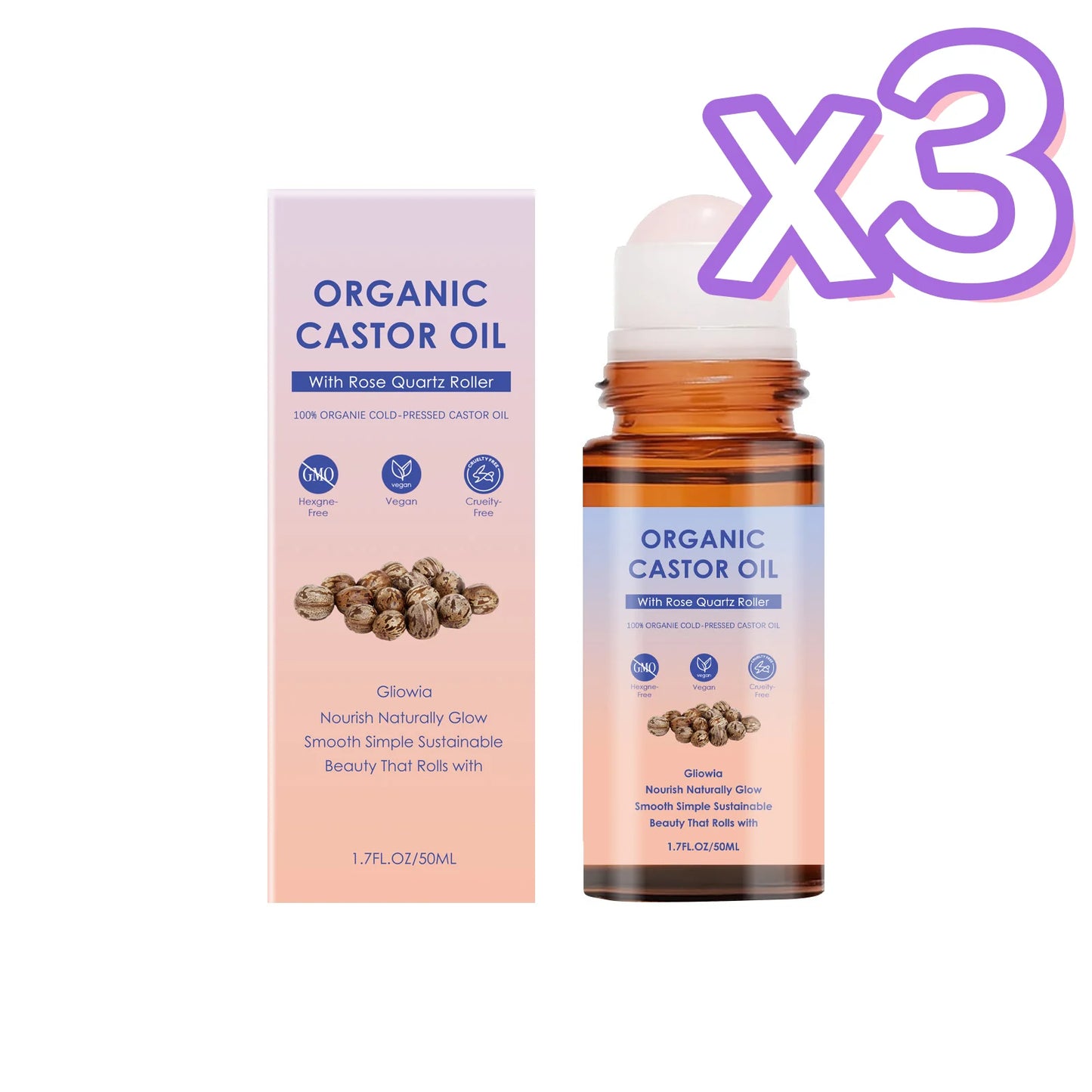 Organic Castor Oil Rose Quartz Roller Ball Moisturizing Skin Barrier Deep Repair Soothing Skin Cold-Pressed Natural Castor Oil Peaceful Pleasures Health and Wellness 50ml Boxed x 3pcs