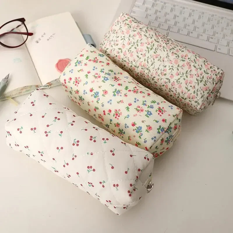 Cute Bow Floral Cherry Pencil Case – Large Capacity Pen Bag