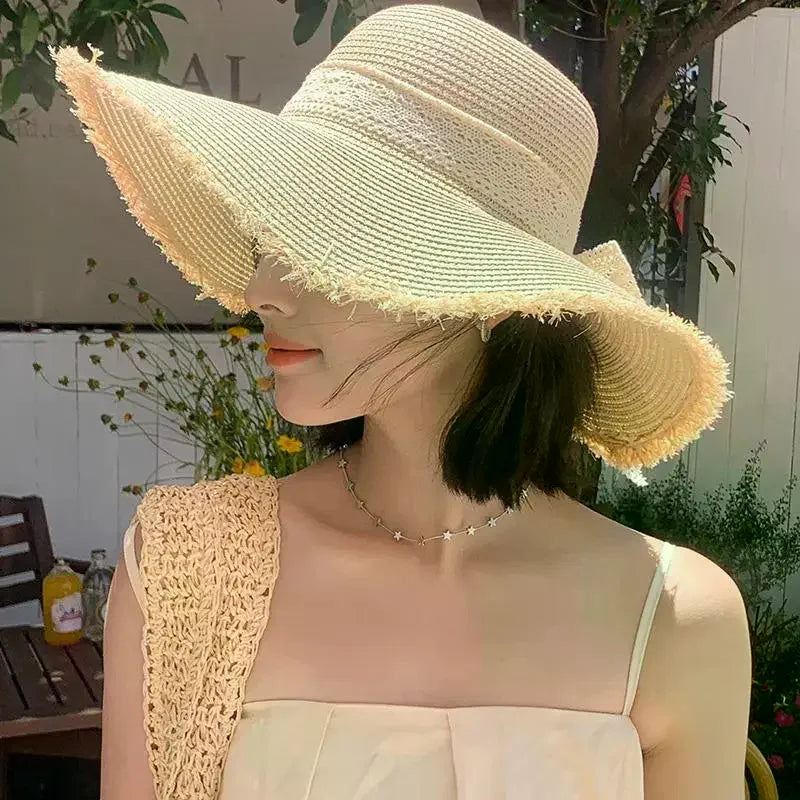 Women's Oversized Bow Straw Sun Hat – UV Protection Beach Hat