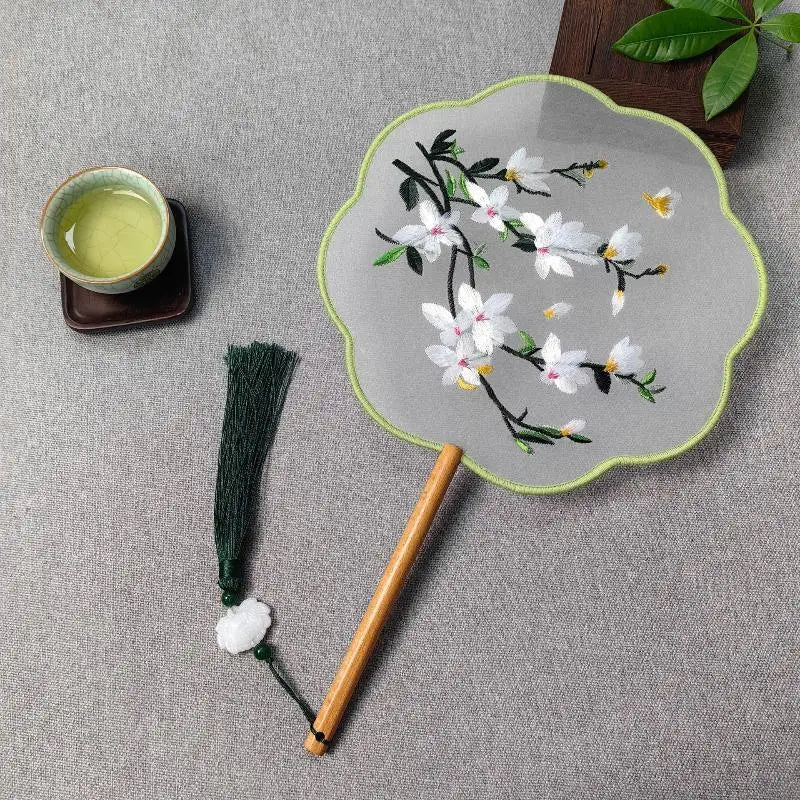 Su Embroidery Silk Round Hand Fan – Wooden Handle & Tassel