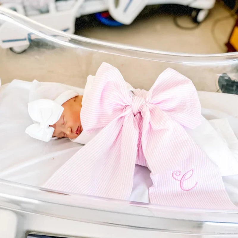 Personalized Seersucker Bow Sash Baby Blanket | Shower Gift
