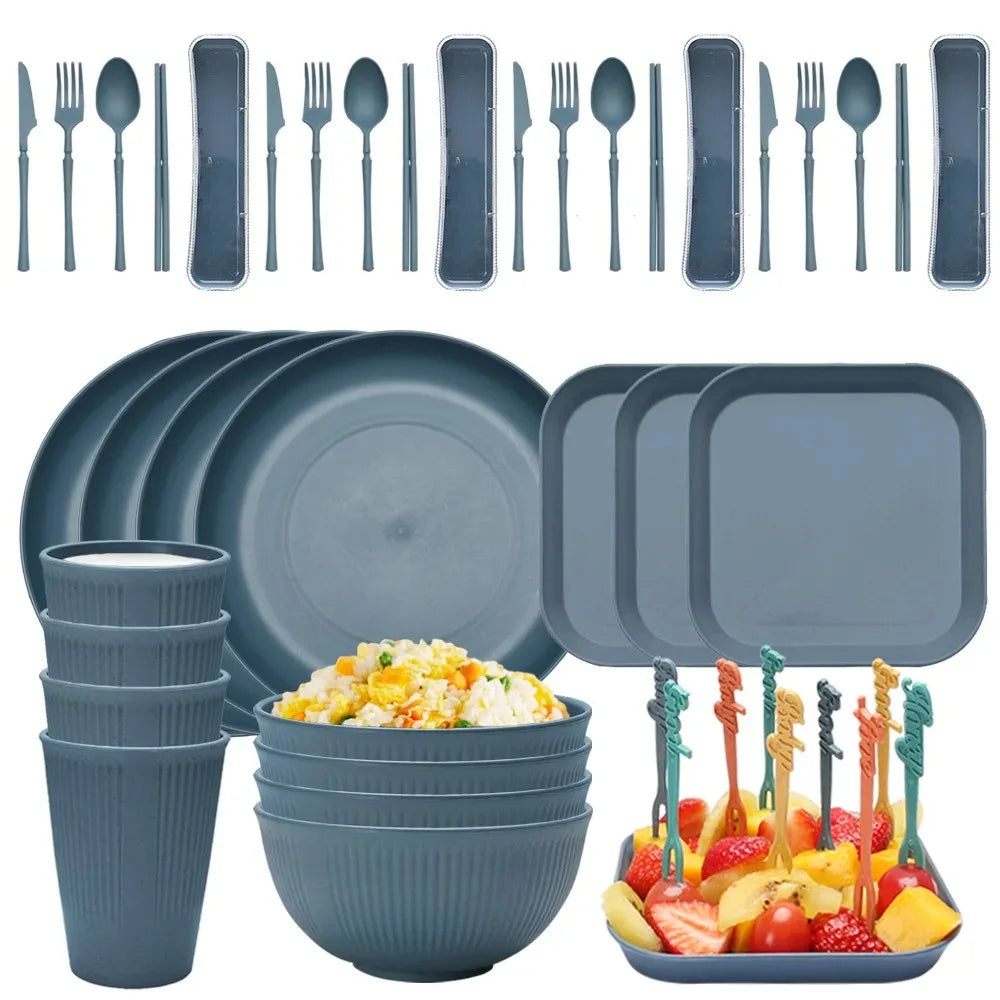 48-Piece Wheat Straw Eco-Friendly Dinnerware Set for 4 – BPA-Free Plates, Bowls, Mugs & Cutlery for Home & Camping