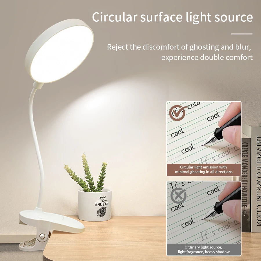 Rechargeable Mini LED Book Light with Clip Eye Protection Flexible Reading Lamp Desk Bedside Portable Table Lamp Study Light Peaceful Pleasures Health and Wellness White