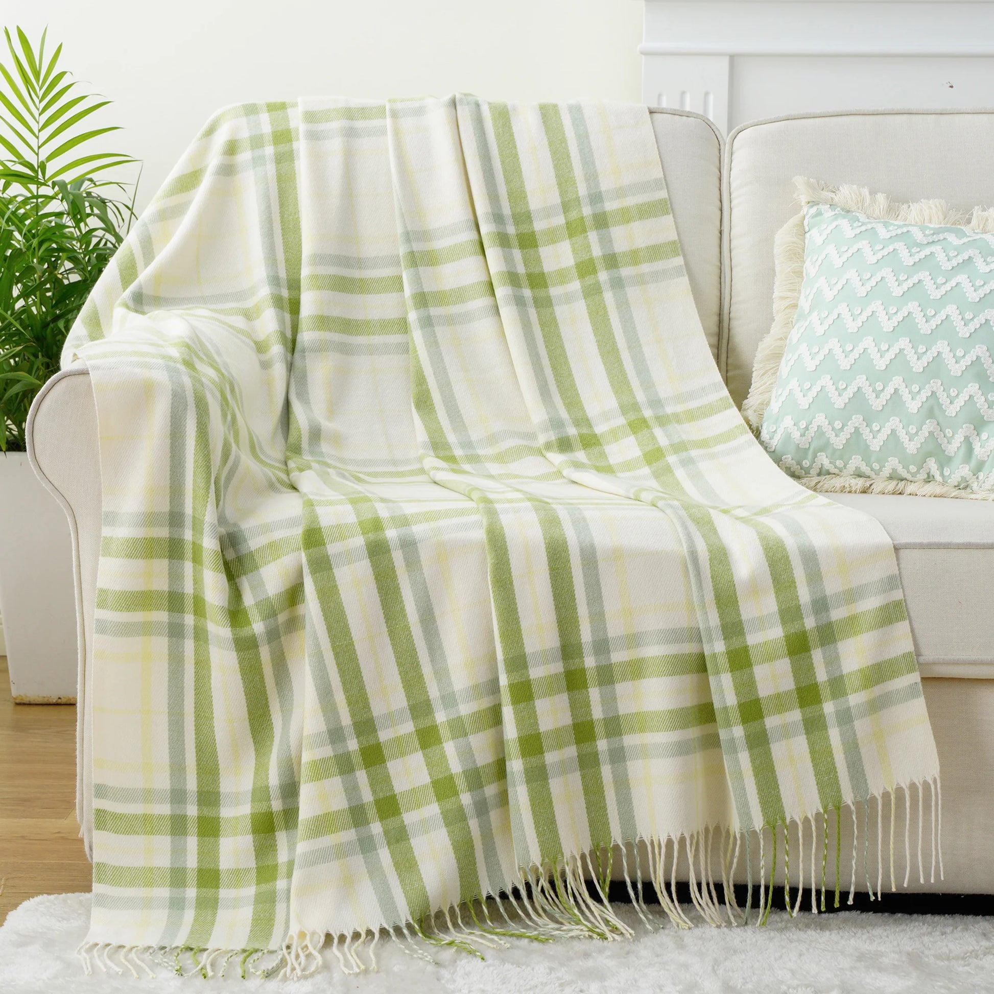 Battilo Plaid Throw Blanket for Bed Couch Beige Lightweight Sofa Blanket Cashmere Blanket with Tassels Knit Throw for All Season Peaceful Pleasures Health and Wellness WhiteGreen 127x152cm