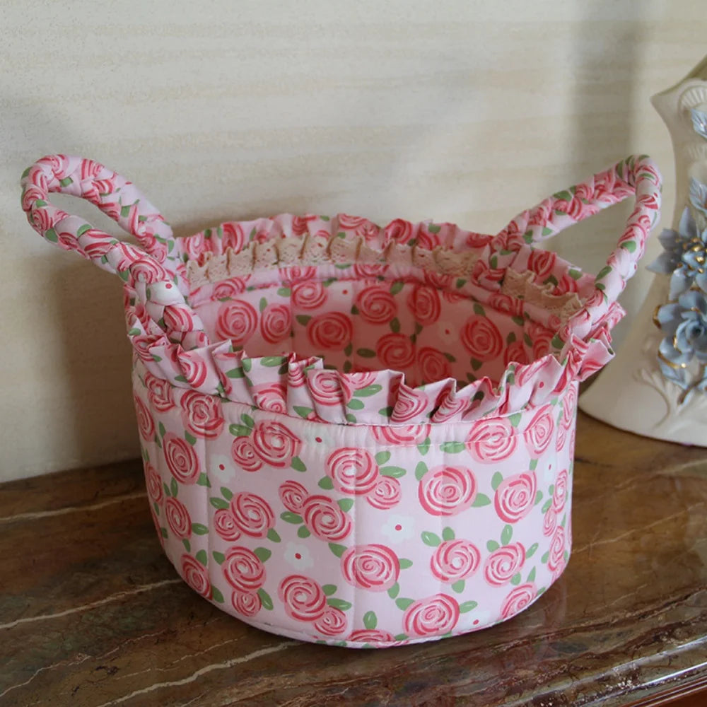 Korean Pastoral Fabric Storage Basket Sundries Toy Cosmetic Storage Box Cute Floral Underwear Organizer Furniture Decoration Peaceful Pleasures Health and Wellness C