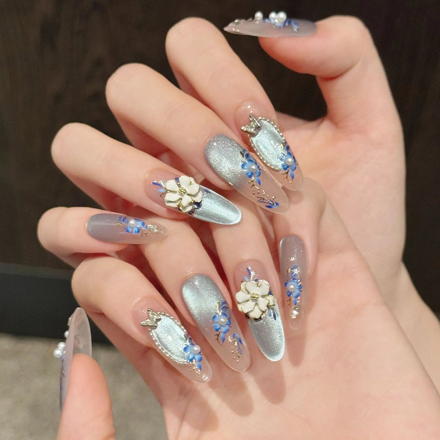 10pcs Chinese Style Press On Nails 3D Flowers Cat's Eye Blue Butterfly