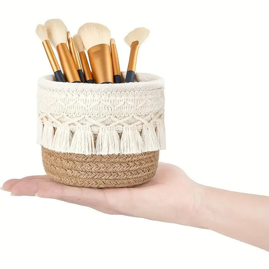 New Tassel Style Makeup Brush Holder Desktop Cotton Rope Compiled Storage Box For Cosmetic Storage Basket Cosmetic Organizer Box Peaceful Pleasures Health and Wellness brown 12 10cm