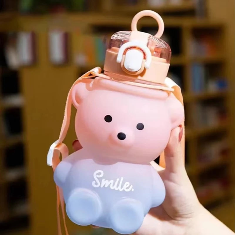 800ml Cute Straw Water Bottle with Rope Portable Bear Gradient Water Cup Large-Capacity Leak-Proof Drinking Mug for Kids Girls Peaceful Pleasures Health and Wellness