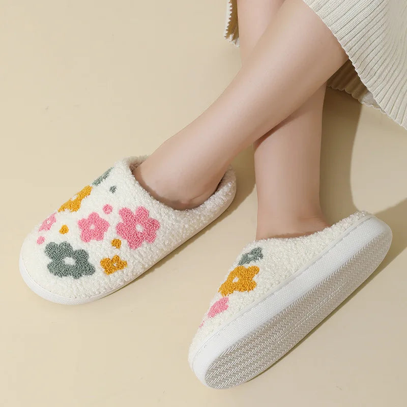 Women's Fluffy Plush Flower Slippers – Soft Non-Slip Indoor Slides