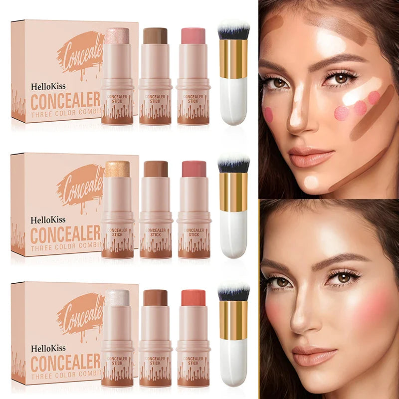 Hello Kiss 4-Piece Contour Highlight Blush Stick Set & Brush