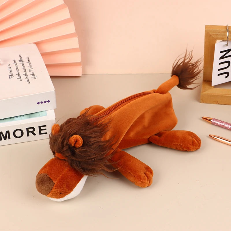 Cute Animal Plush Pencil Case – Lion Tiger Bear Pen Pouch