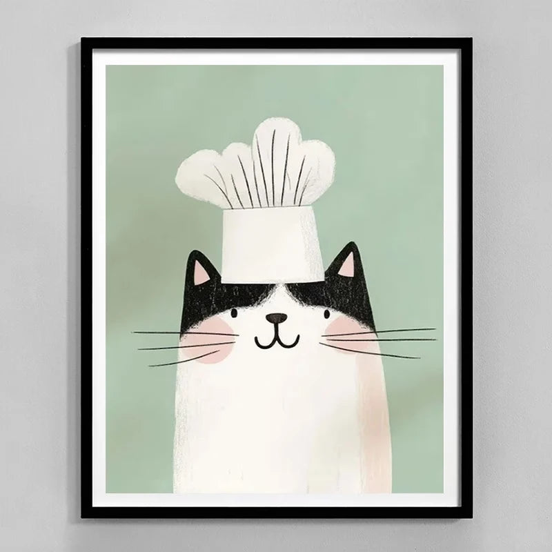 Chef Cat Canvas Wall Art | Bohemian Kitchen Poster Print