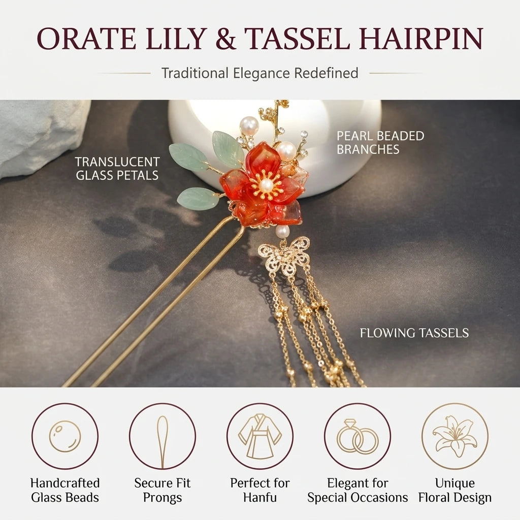 Crystal Hairpin for Hanfu Accessories Glass Beaded Tassel Headwear with Alloy Base Peaceful Pleasures Health and Wellness
