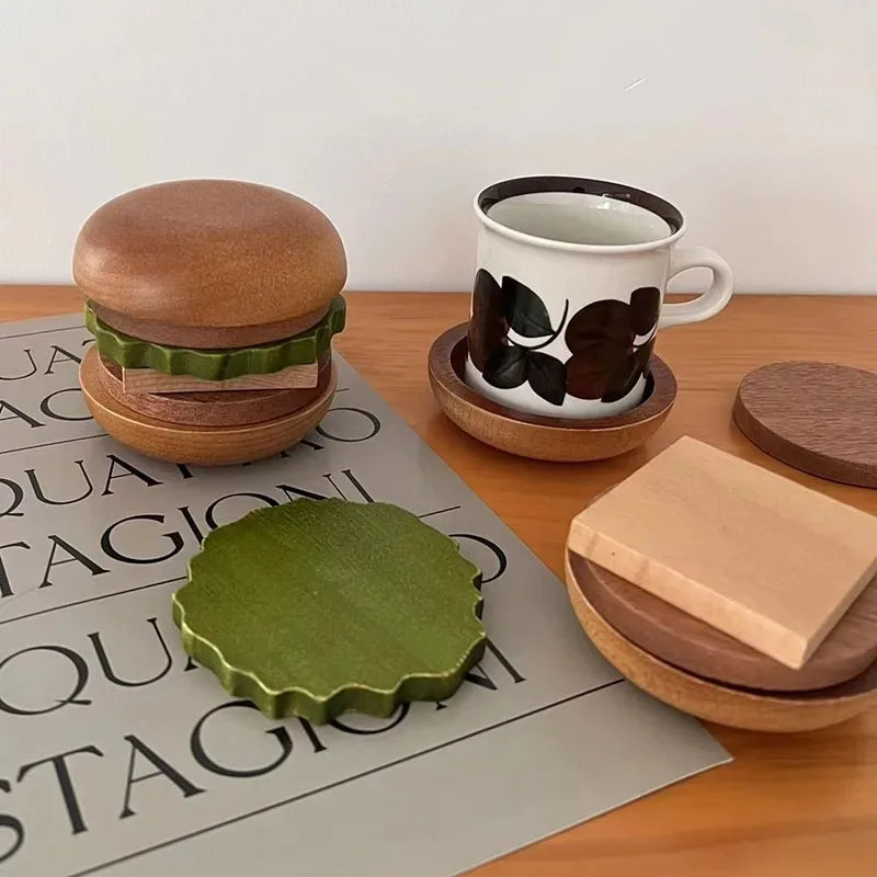 6PCS Hamburg Shape Teacup Tray 6 In 1 Solid Wood Coaster Table Cupcake Snack Dessert Pads Anti-slip Burger Insulation Cup Mat Peaceful Pleasures Health and Wellness