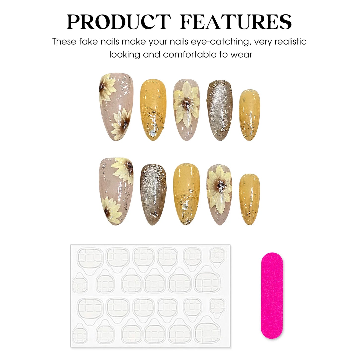 Handmade Press on Nails Shiny Cat Eyes Almond Fake Nails with Sunflower Hand-printed Glossy yellow False Nail Wearable Design Peaceful Pleasures Health and Wellness