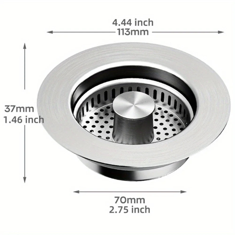 3-in-1 Stainless Steel Kitchen Sink Strainer & Pop-Up Stopper