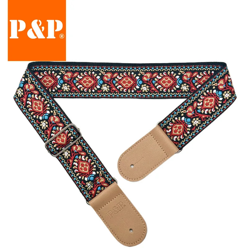 Guitar Strap Embroidered Belt Adjustable Jacquard Band Cotton Leather
