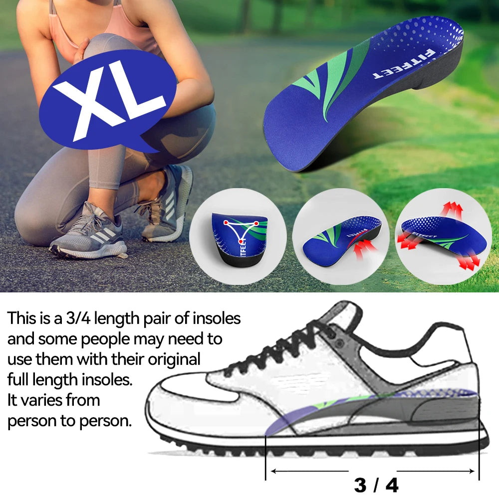 RooRuns Orthopedic Arch Support Shoes Insoles 3/4 Length Flat Feet Shoes Pads for Feet Plantar Fasciitis Heel Pain Relief Unisex Peaceful Pleasures Health and Wellness XL 2pc
