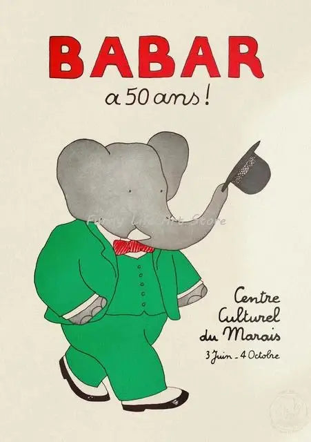 Vintage Babar Elephant Canvas Wall Art | Kids Nursery Poster