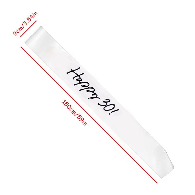 Happy 30th Birthday White Satin Sash for Women | Party Gift Birthday Party Sash Peaceful Pleasures Health and Wellness happy 30 9x150cm
