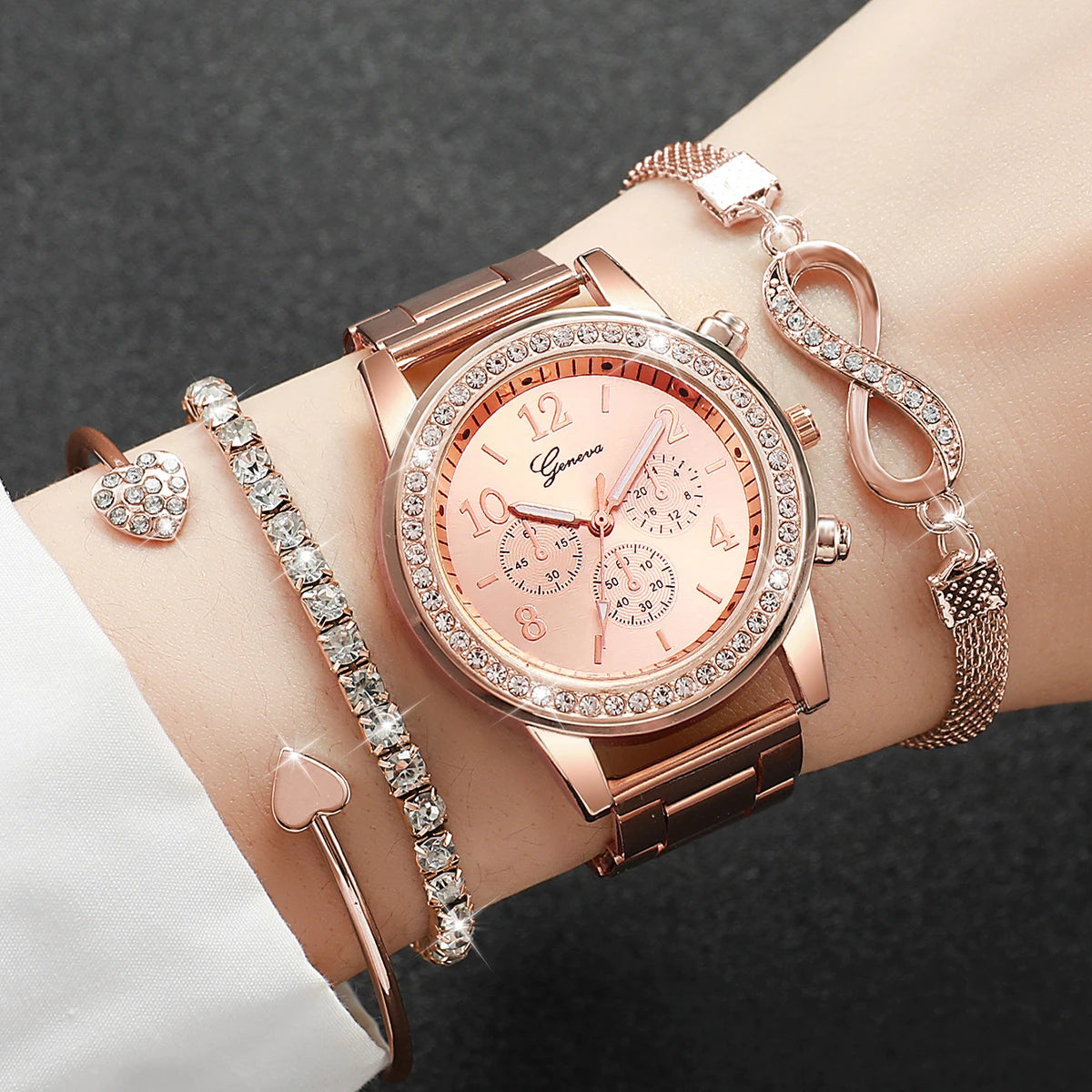 4PCS/Set Fashion Rhinestone Women Watches Luxury Steel Band Ladies Quartz Watch Bracelets Set Reloj Mujer（Without Box） Peaceful Pleasures Health and Wellness 4PCS set Without Box 1
