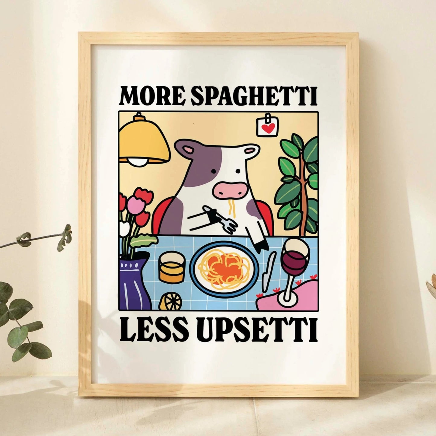 More Spaghetti Less Upsetti Cartoon Cow Wall Art Prints Canvas Painting Poster Picture For Living Children Room Home Decor Gift Peaceful Pleasures Health and Wellness G3107 30x40cm No Frame
