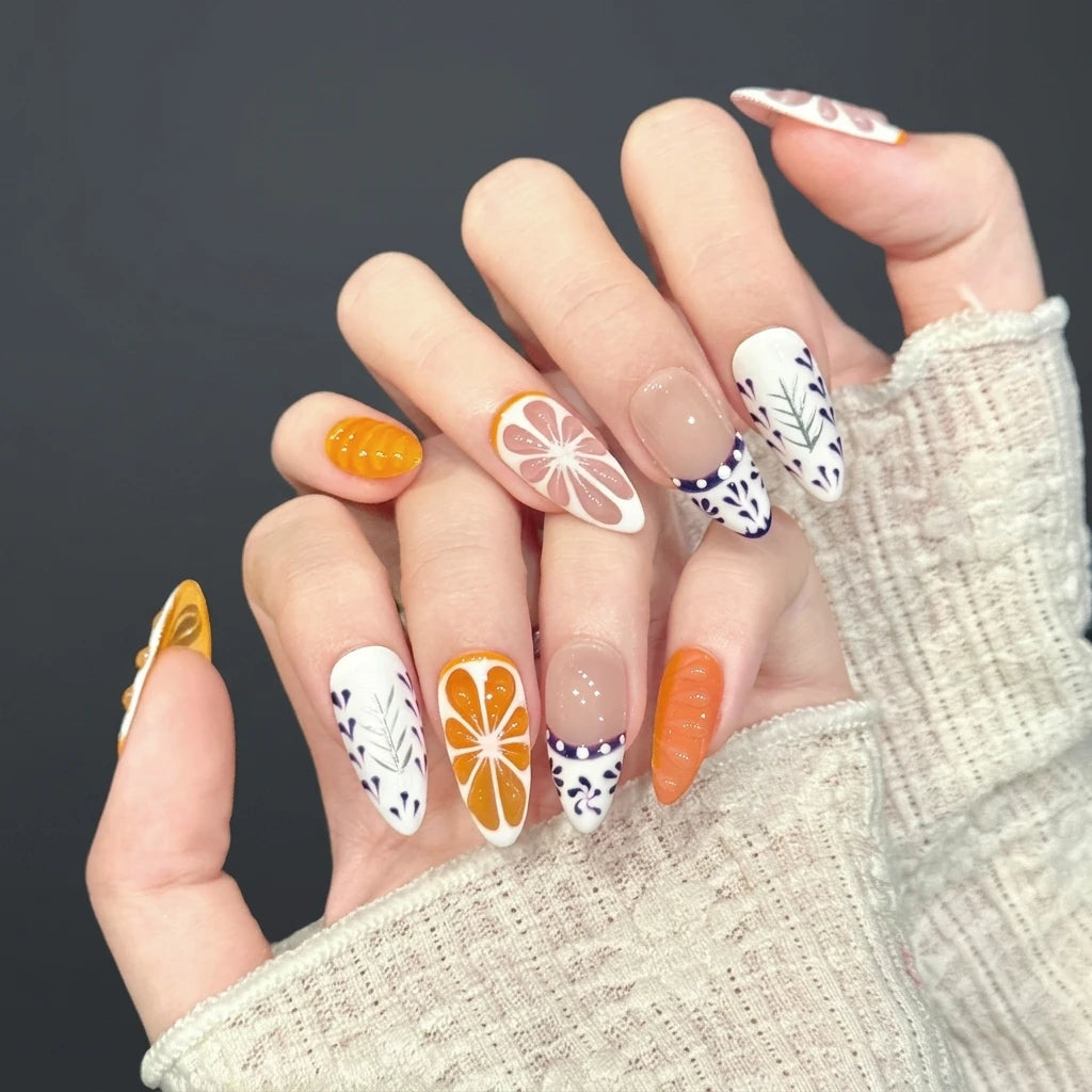 10pcs Handmade Press On Nails 3D Grapefruit And Orange Decor Wearable Almond Artificial Nails Self Adhesive Reusable For Women Peaceful Pleasures Health and Wellness M