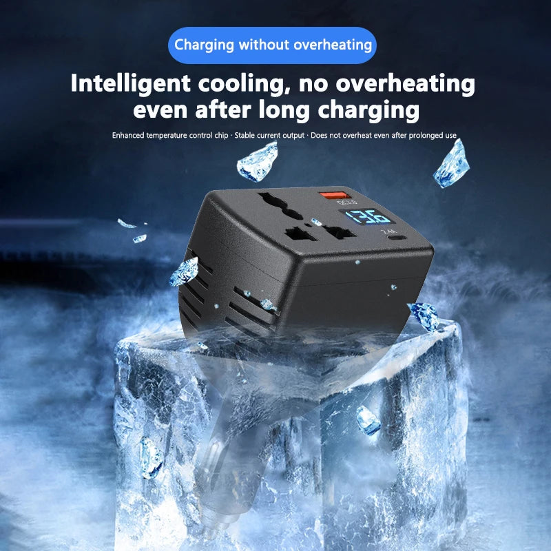 150W Car Power Inverter DC 12V to AC 220V Adapter with QC3.0 USB-C Charger Digital Display 3-in-1 Multi-Port Car Charger Peaceful Pleasures Health and Wellness