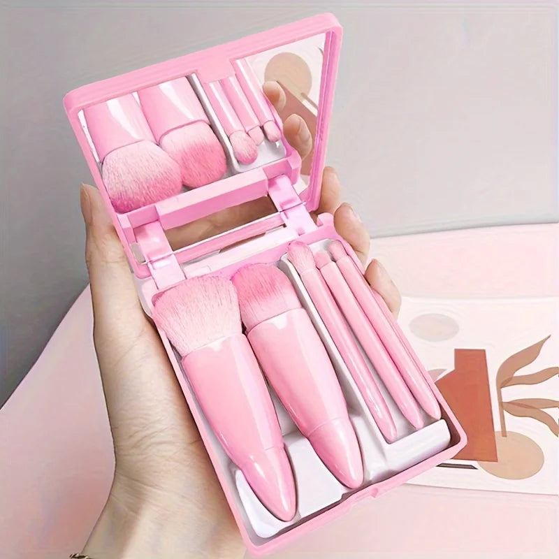 5-Piece Foldable Travel Makeup Brush Set with Mirror