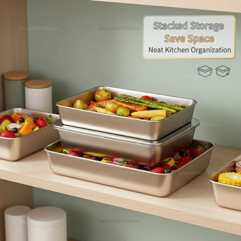 Stainless Steel Food Storage Serving Trays Rectangle Sausage Noodles Fruit Dish with Cover Home Kitchen Organizers Food Containe Peaceful Pleasures Health and Wellness