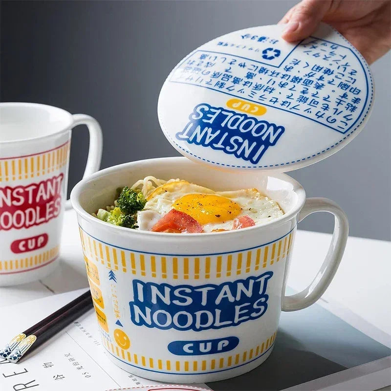 Hot Sale Ceramic Instant Noodle Bowl With Handle Large Capacity instant noodles bowl Cute Design instant noodles Bowl With Lid Peaceful Pleasures Health and Wellness