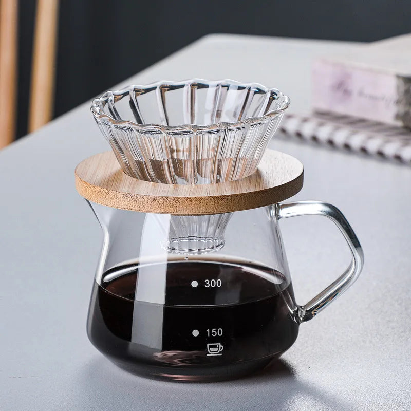 Pour Over Coffee Maker Set with Wooden Support Coffee Filter, Coffee Pot with Handle, Glass Coffee Dripper Peaceful Pleasures Health and Wellness 300ml Clear Filter