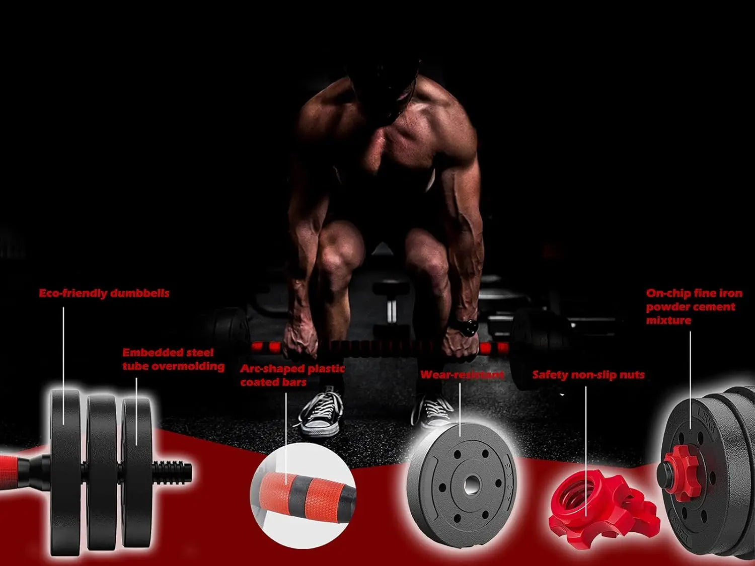 Eco-friendly dumbbells with features highlighted on a black background