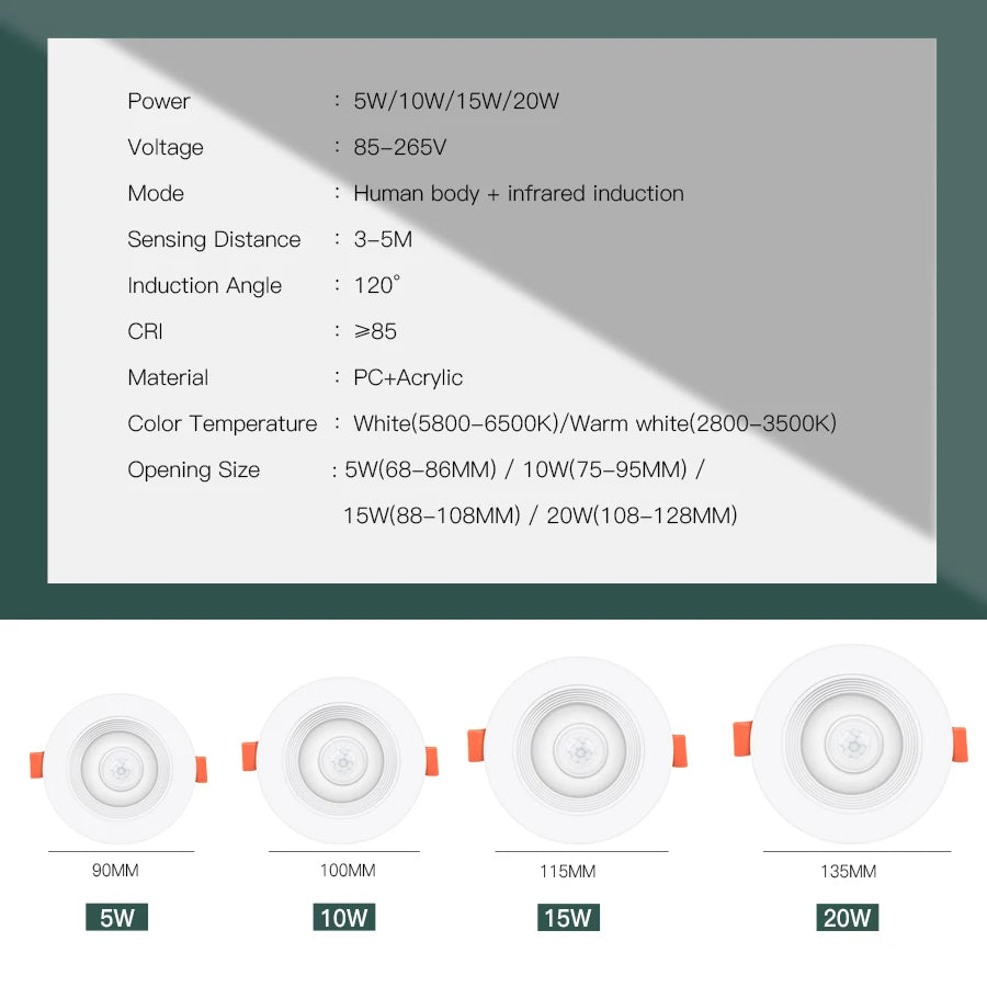 5W 10W 15W 20W PIR Motion Sensor Downlight 85-265V Human Infrared Induction LED Spotlight for Entrance Corridor Hallway Stairs Peaceful Pleasures Health and Wellness