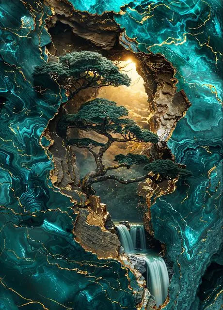 Golden Bonsai Waterfall Canvas Wall Art | Nature Forest Print