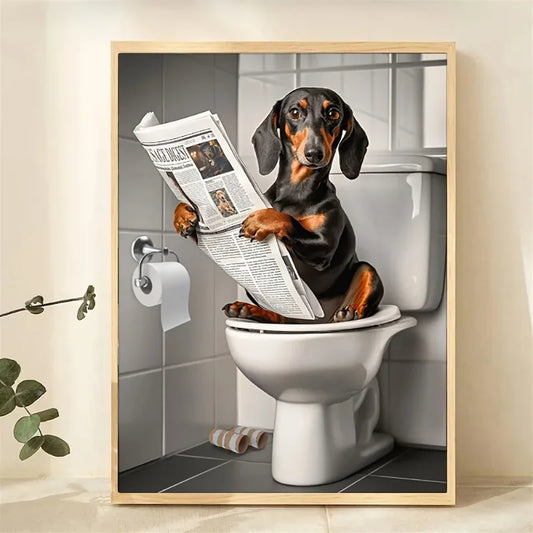 Canvas Print Wall Art for Pet Lovers,for Home Decor Bedroom,Kitchen,Living Room,Bathroom, Hotel 1pc Playful Dachshund on Toilet Peaceful Pleasures Health and Wellness