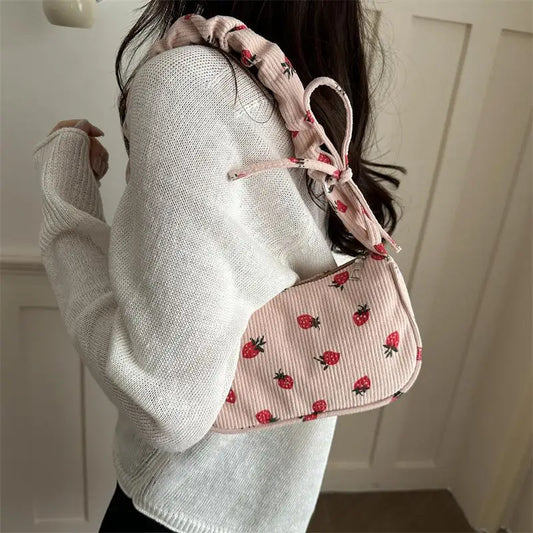 Corduroy Mini Shoulder Bag | Strawberry Print Half Moon Tote Mini Shoulder Bag Oasis Select
