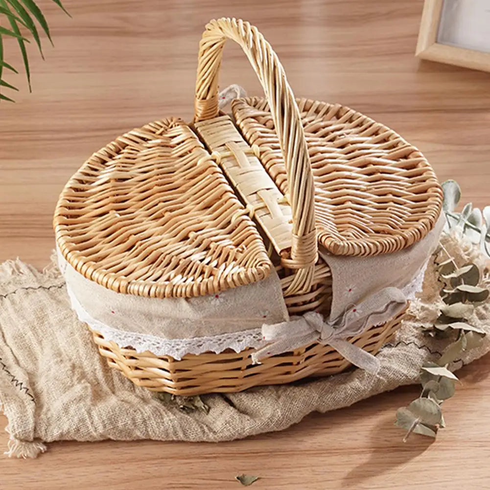 Handmade Wicker Picnic Basket With Lid and Handle Peaceful Pleasures Health and Wellness